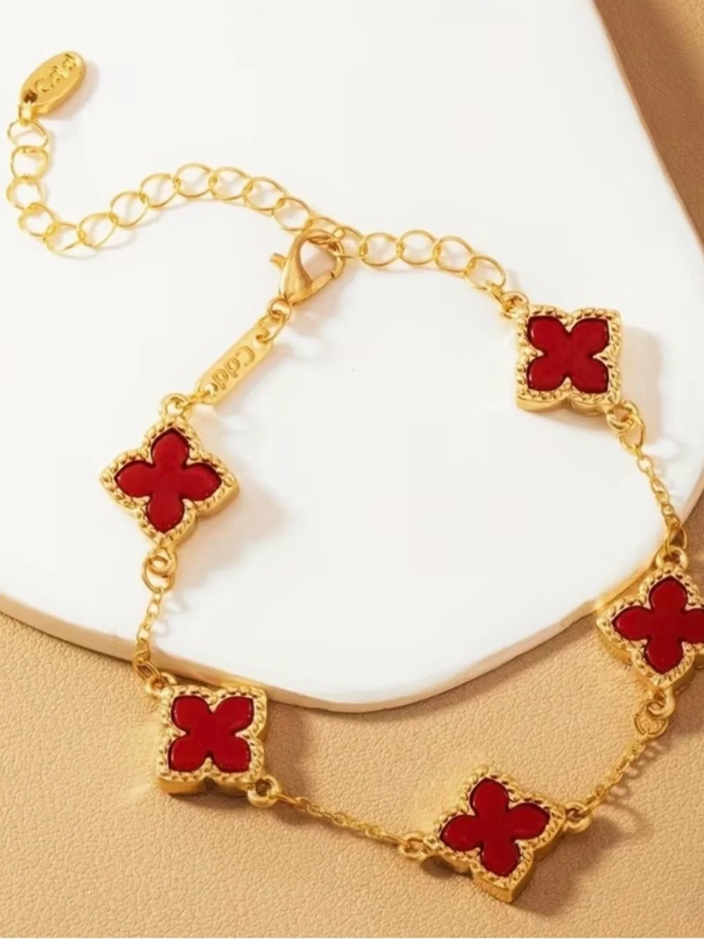 Gold-Plated Lucky Clover Bracelet with Red Accents NWOT